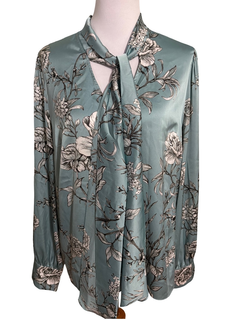 Silky Floral Tie-Neck Blouse - Sage Green